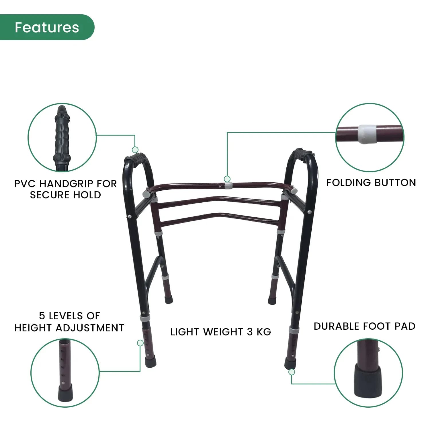 Lightweight Folding Medical Walker – Adjustable Height Portable Walking Aid for Seniors