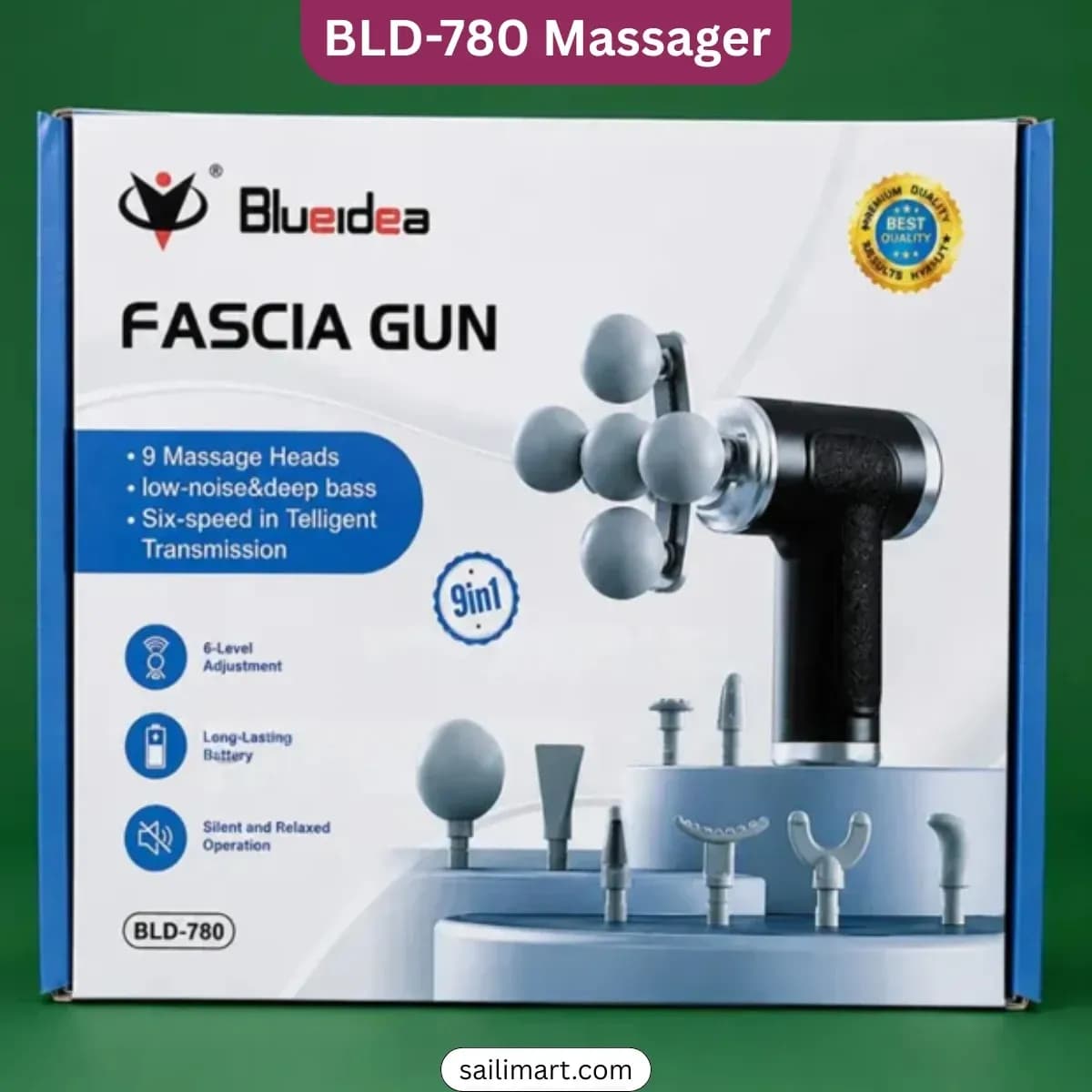 Blueidea BLD-780 9-in-1 Mini Fascial Gun Massager - 6 Gear Adjustable Deep Tissue Percussion Muscle Massager for Pain Relief
