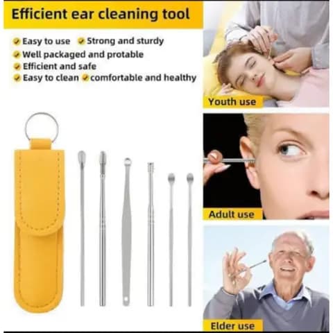 Stainless Steel Ear Cleaning Tool Kit with Yellow Leather Pouch